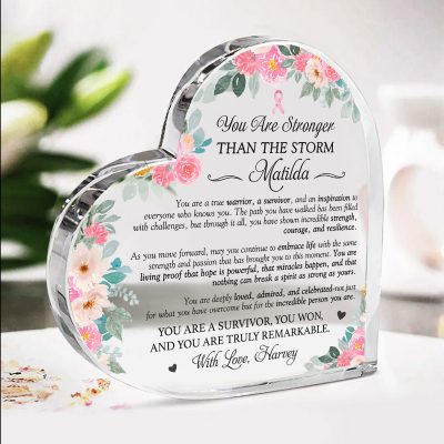 Personalized Breast Cancer Acrylic Plaque With Pink Flower, Breast Cancer Awareness Gifts, Memory Keepsake For Encouragement