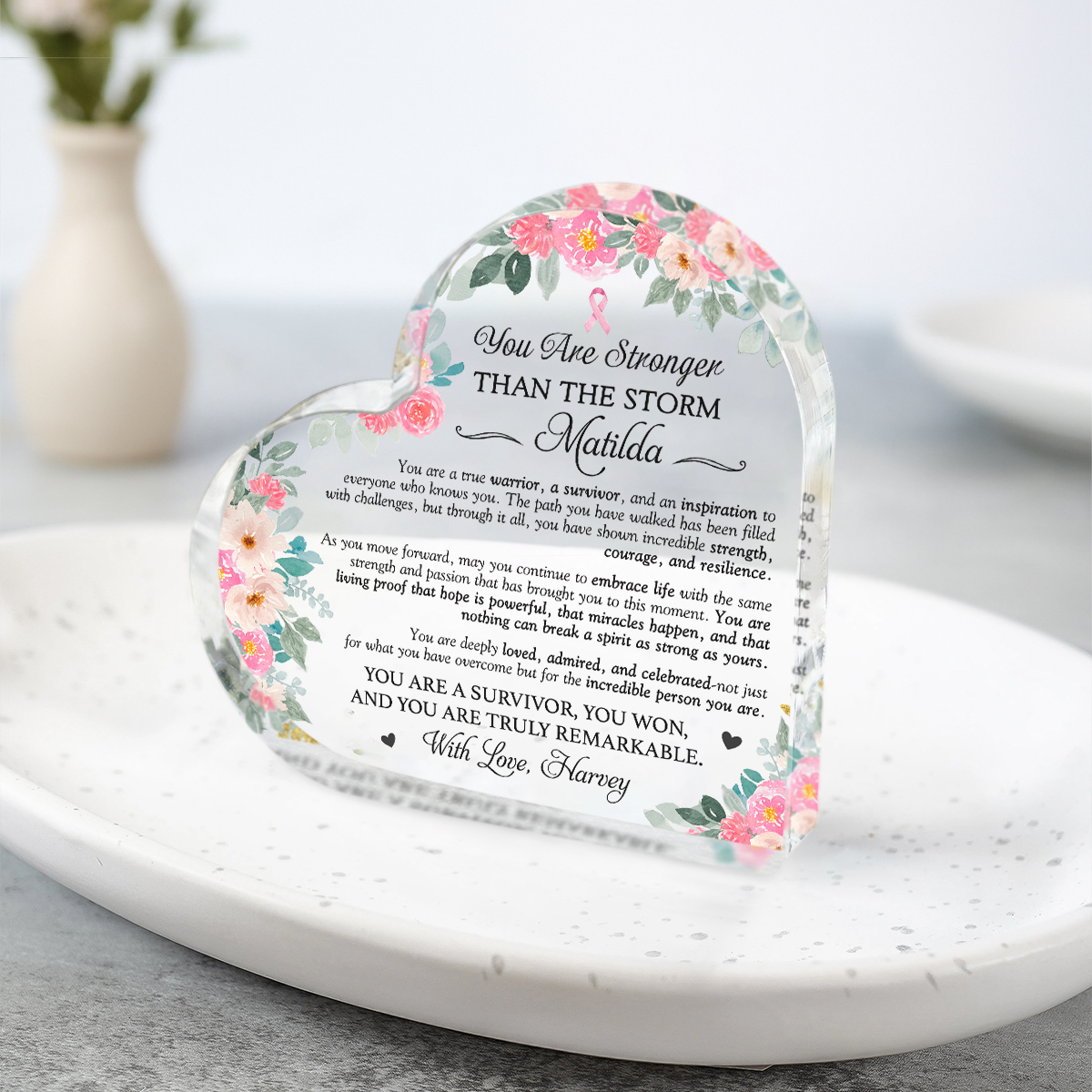 Personalized Breast Cancer Acrylic Plaque With Pink Flower, Breast Cancer Awareness Gifts, Memory Keepsake For Encouragement