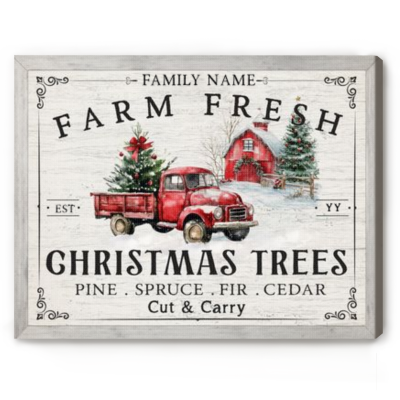 Personalized Canvas Farm Fresh Christmas Trees, Customized Red Truck Sign, Rustic Christmas Decoration