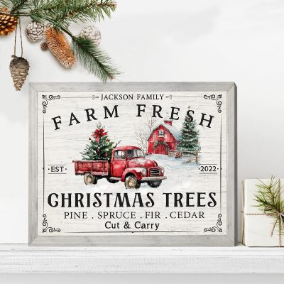 Personalized Canvas Farm Fresh Christmas Trees, Customized Red Truck Sign, Rustic Christmas Decoration