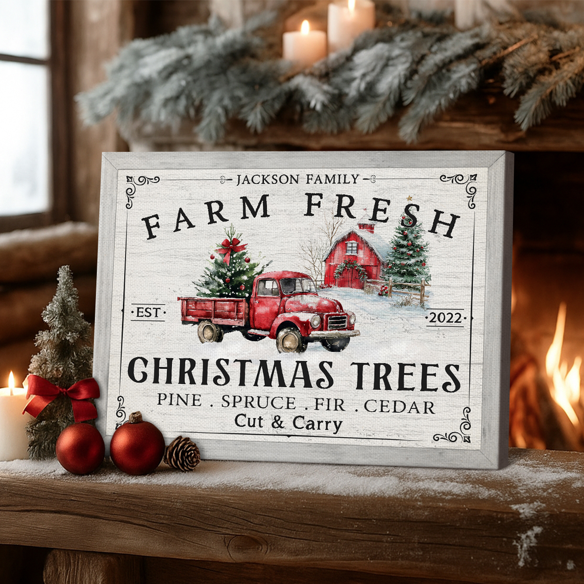 Personalized Canvas Farm Fresh Christmas Trees, Customized Red Truck Sign, Rustic Christmas Decoration