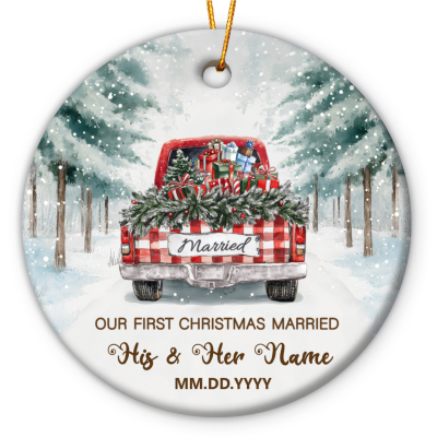 Custom Name First Christmas Married Ornament, Red Truck Ceramic Ornament, Newlywed Gift, Just Married Gifts for Wedding