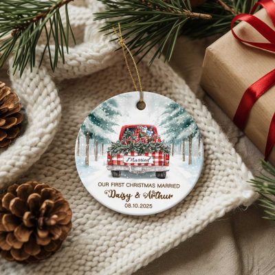 Custom Name First Christmas Married Ornament, Red Truck Ceramic Ornament, Newlywed Gift, Just Married Gifts for Wedding