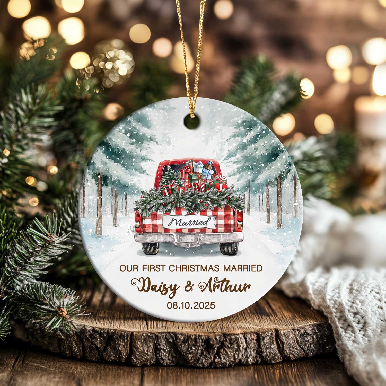 Custom Name First Christmas Married Ornament, Red Truck Ceramic Ornament, Newlywed Gift, Just Married Gifts for Wedding