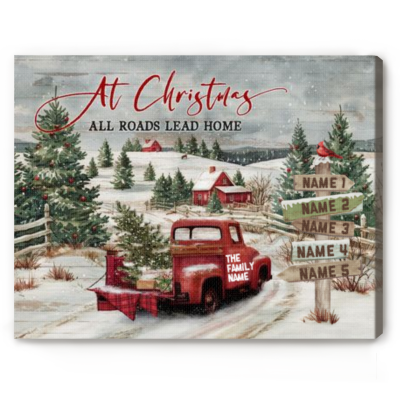 Personalized Christmas Canvas - At Christmas All Roads Lead Home, Christmas Family Wall Art, Custom Holiday Decor
