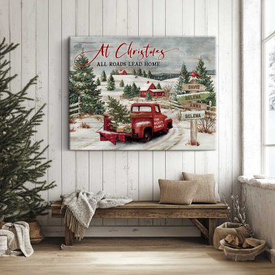 Personalized Christmas Canvas - At Christmas All Roads Lead Home, Christmas Family Wall Art, Custom Holiday Decor