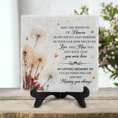 Personalized Memorial Stone With Dandelion, Custom Name Memorial Plaques For Garden, Gifts To Remember A Loved One