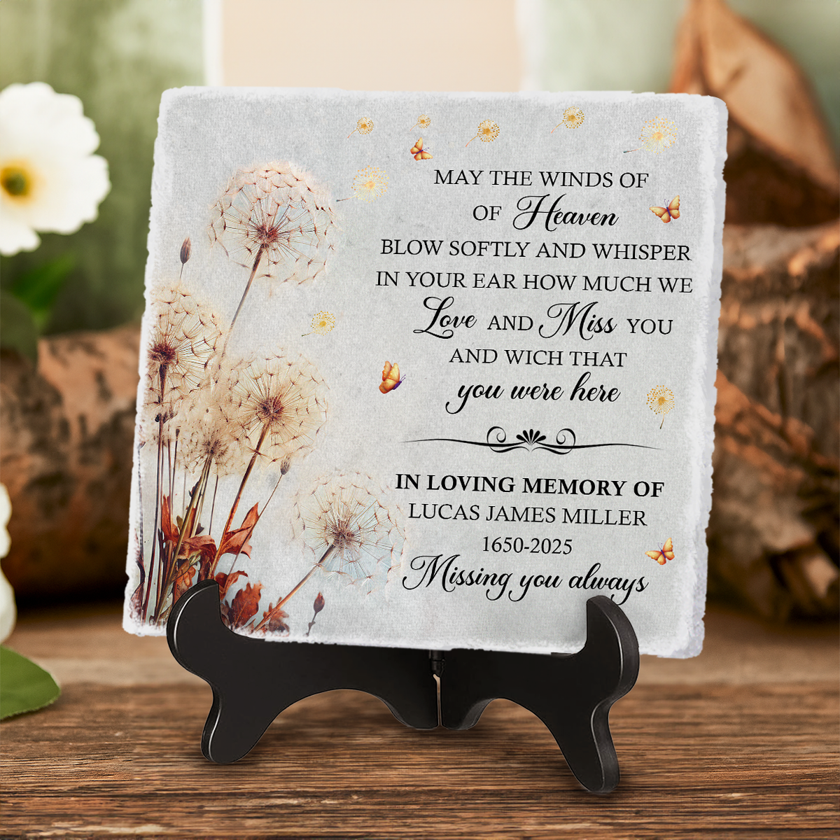 Personalized Memorial Stone With Dandelion, Custom Name Memorial Plaques For Garden, Gifts To Remember A Loved One