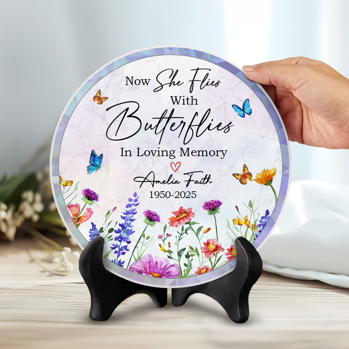 Customized Garden Stones With Butterfly, In Memory Of Plaque, Wildflower Ceramic Grave Markers, Loss of a Loved One Gift