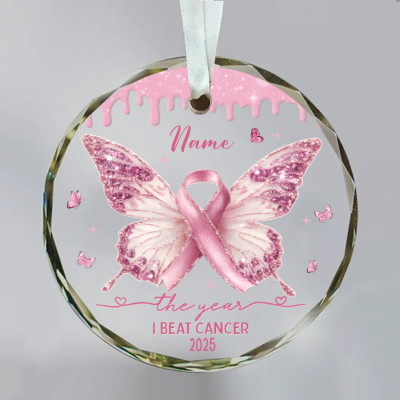 Personalized Butterfly Breast Cancer Christmas Ornaments, The Year I Beat A Cancer Ornament with Name, Breast Cancer Gifts