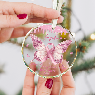 Personalized Butterfly Breast Cancer Christmas Ornaments, The Year I Beat A Cancer Ornament with Name, Breast Cancer Gifts