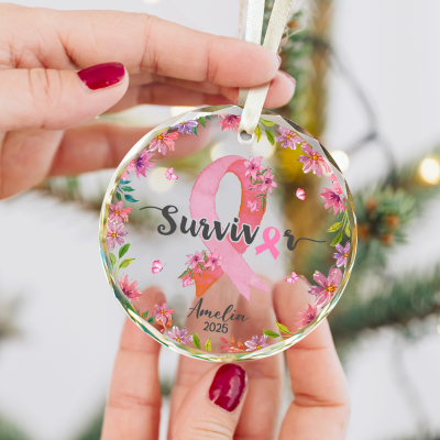 Personalized Survivor Breast Cancer Ornament, Breast Cancer Christmas Tree Ornaments with Name, Breast Awareness Gifts