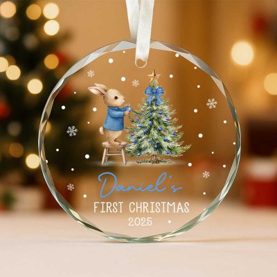 Baby Boy First Christmas Ornament Bunny, Baby First Xmas Ornament with Baby Name, Baby Boy Keepsake Ornament 2025, Grandson Ornament