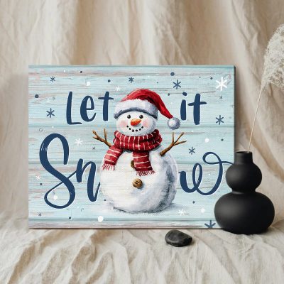 Let It Snow Wall Art, Snowman Christmas Canvas, Rustic Winter Holiday Decoration, Farmhouse Christmas Sign