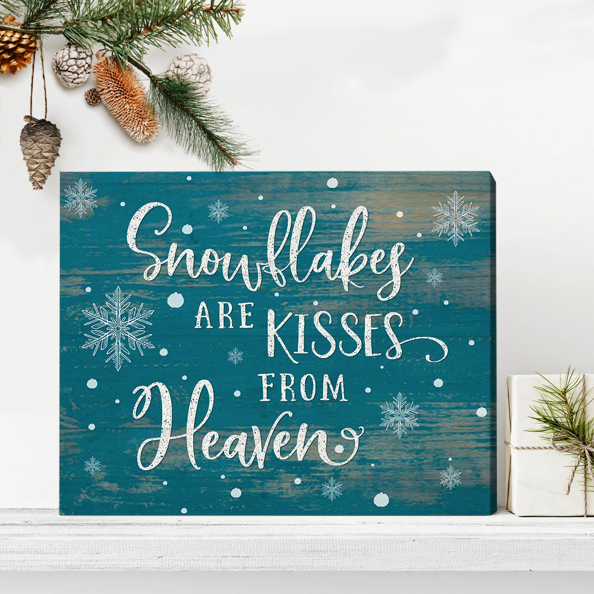 Snowflakes Are Kisses From Heaven Canvas, Memorial Christmas Wall Art, Rustic Winter Quote Sign, Holiday Home Décor Gift