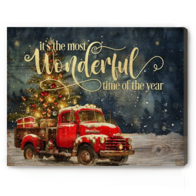 Its The Most Wonderful Time of The Year Canvas Wall Art, Vintage Red Truck Christmas Decor, Rustic Farmhouse Holiday Gift