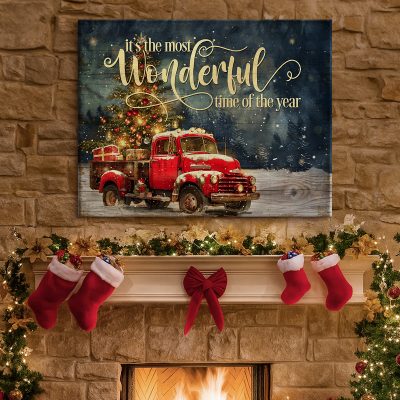 Its The Most Wonderful Time of The Year Canvas Wall Art, Vintage Red Truck Christmas Decor, Rustic Farmhouse Holiday Gift
