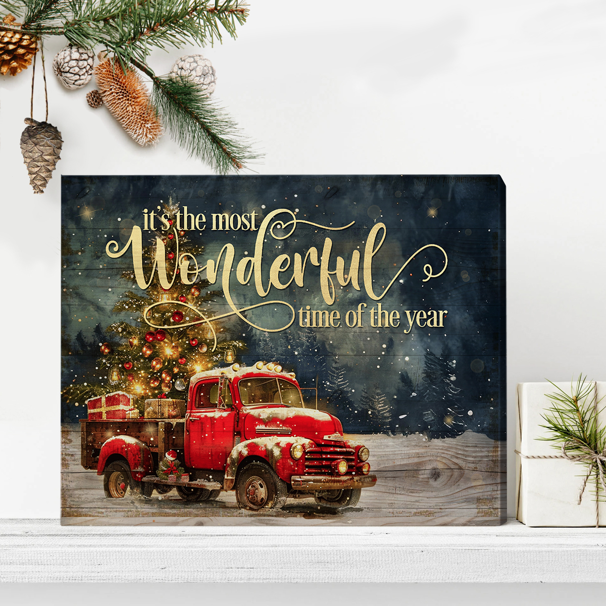 Its The Most Wonderful Time of The Year Canvas Wall Art, Vintage Red Truck Christmas Decor, Rustic Farmhouse Holiday Gift