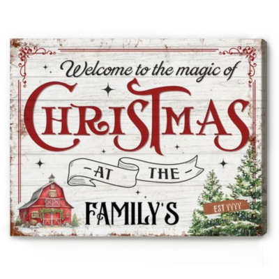 Personalized Welcome Christmas Canvas, Custom Family Name Holiday Wall Art, Rustic Farmhouse Christmas Decor Gift
