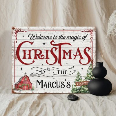 Personalized Welcome Christmas Canvas, Custom Family Name Holiday Wall Art, Rustic Farmhouse Christmas Decor Gift