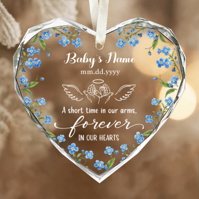 Custom Baby Name Memorial Ornament - Baby Loss Gift designed as a baby memorial keepsake, personalized with baby’s name and memorial date, featuring a soft, comforting style and hanging with a ribbon in a peaceful setting.