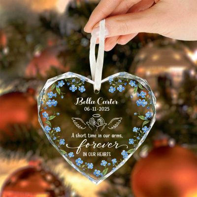 Custom Baby Name Memorial Ornament - Baby Loss Gift designed as a baby memorial keepsake, personalized with baby’s name and memorial date, featuring a soft, comforting style and hanging with a ribbon in a peaceful setting.