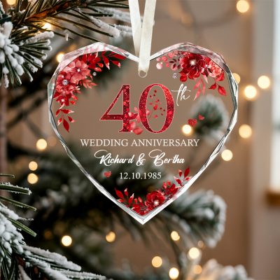 40th Wedding Anniversary Heart Ornament - Personalized Anniversary Gift with elegant ruby red accents, personalized with couple names and anniversary date, featuring the text “40th Wedding Anniversary”, a wonderful Ruby Anniversary Gift