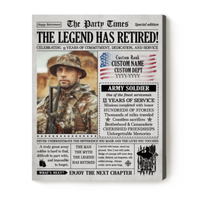 Army Retirement Newspaper Personalized Canvas, Army Retirement Gifts, Military Retirement Gifts