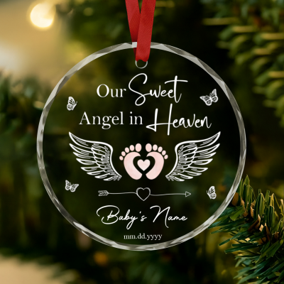 Baby Loss Christmas Glass Ornament - Infant Loss Sympathy Gift with angel design and name, heartfelt Christmas keepsake and sympathy gift for grieving parents.