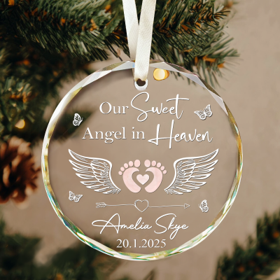 Baby Loss Christmas Glass Ornament - Infant Loss Sympathy Gift with angel design and name, heartfelt Christmas keepsake and sympathy gift for grieving parents.