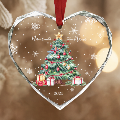 Personalized Couples Christmas Ornament, Watercolor Tree Glass Ornament, Christmas Home Decor, New Couple Xmas Gifts