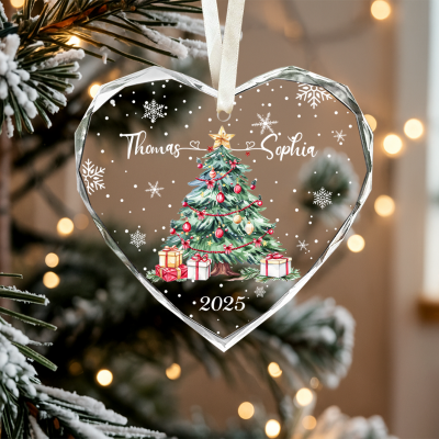 Personalized Couples Christmas Ornament, Watercolor Tree Glass Ornament, Christmas Home Decor, New Couple Xmas Gifts