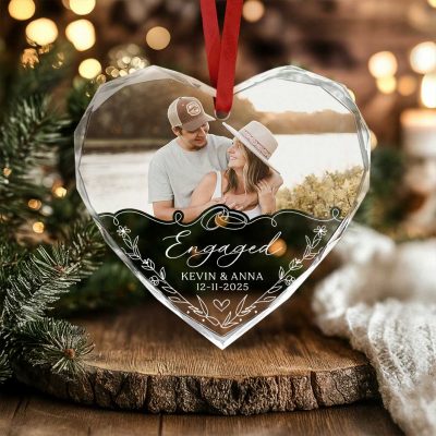 Personalized Engaged Photo Ornament, Custom Engagement Keepsake with Picture and Year, Gift for Engaged Couple
