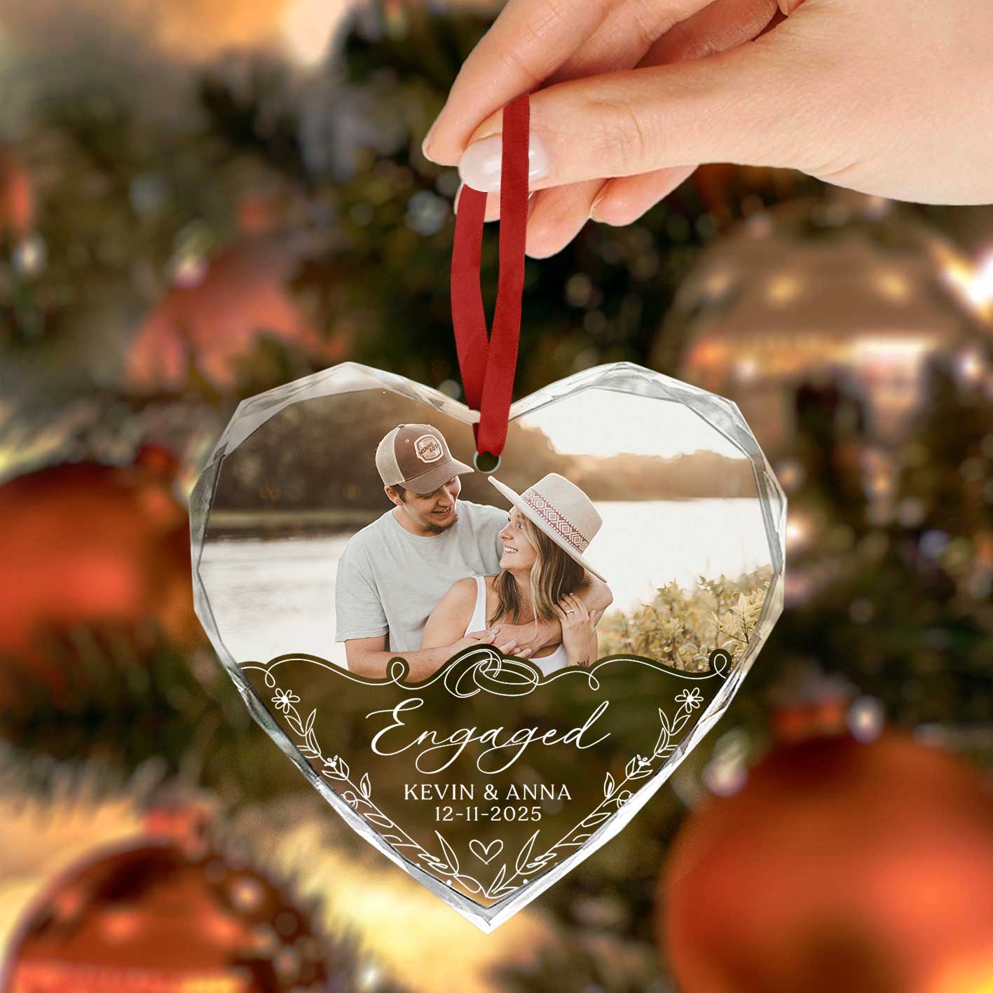 Personalized Engaged Photo Ornament, Custom Engagement Keepsake with Picture and Year, Gift for Engaged Couple