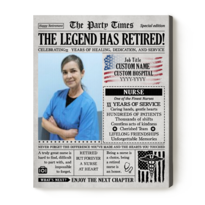 Nurse Retirement Newspaper Canvas, Personalized Nurse Retirement gifts, RN Retirement Gifts