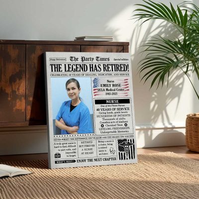 Nurse Retirement Newspaper Canvas, Personalized Nurse Retirement Gifts, RN Retirement Gifts