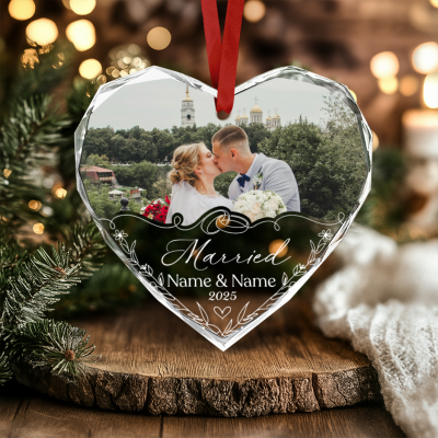 Married Couple Photo Ornament, Custom Heart-Shaped Wedding Keepsake Ornament, First Christmas Married Couple Gifts
