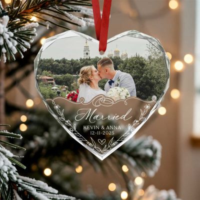Married Couple Photo Ornament, Custom Heart-Shaped Wedding Keepsake Ornament, First Christmas Married Couple Gifts