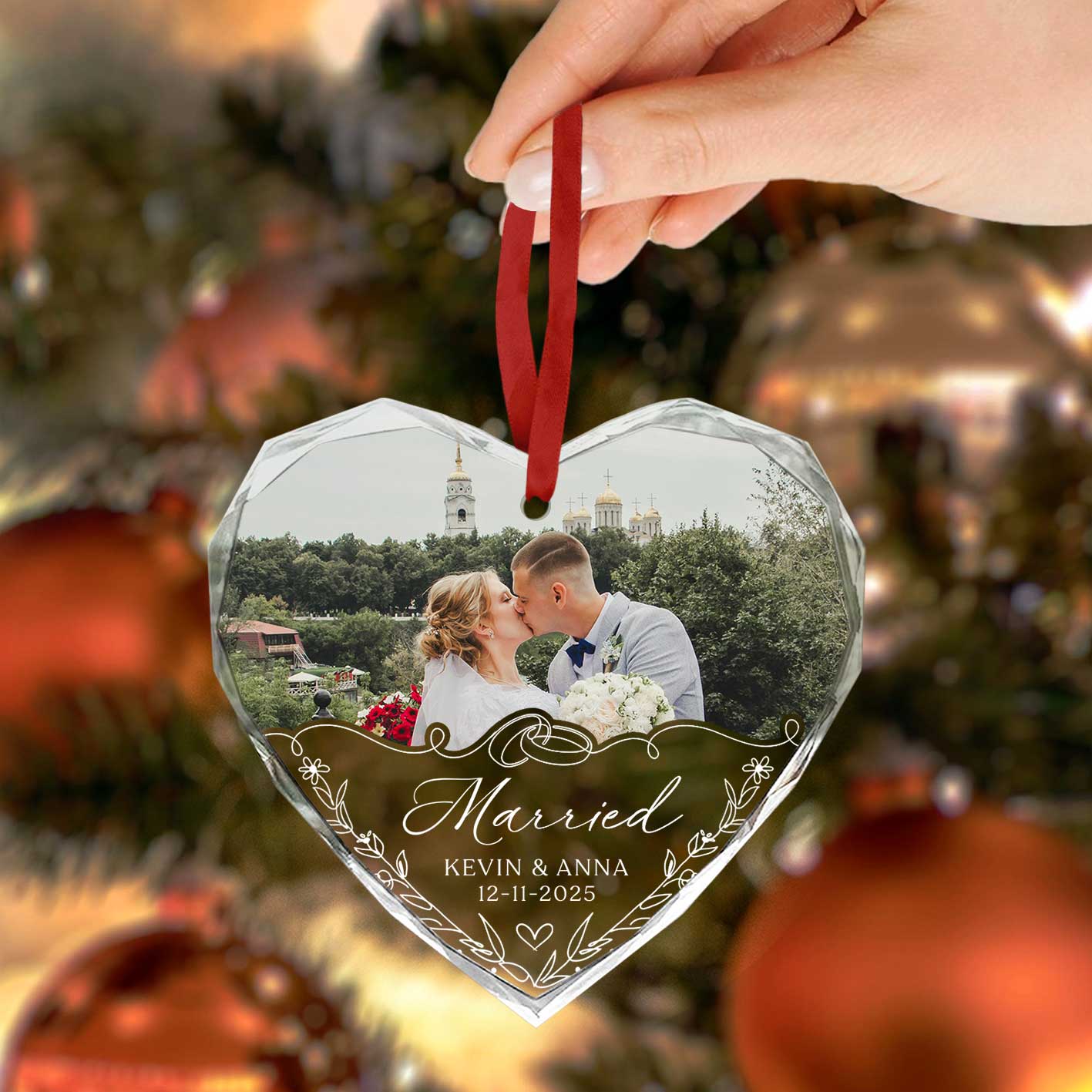 Married Couple Photo Ornament, Custom Heart-Shaped Wedding Keepsake Ornament, First Christmas Married Couple Gifts