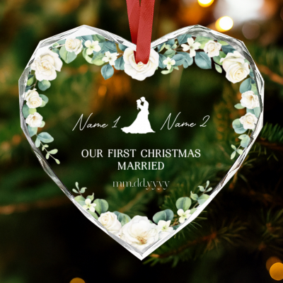 First Christmas Married Glass Ornament - Personalized Newlywed Gift with couple’s names and date, First Christmas Married ornament, custom newlywed Christmas keepsake, elegant wedding holiday decoration.