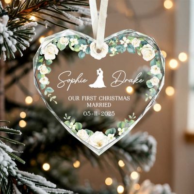 First Christmas Married Glass Ornament - Personalized Newlywed Gift with couple’s names and date, First Christmas Married ornament, custom newlywed Christmas keepsake, elegant wedding holiday decoration.