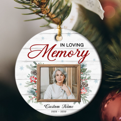 Custom Photo Sympathy Ceramic Ornament - Memorial Christmas Gift with photo and name, sympathy remembrance Christmas keepsake, personalized loss of loved one ornament, white round ornament with sentimental design.