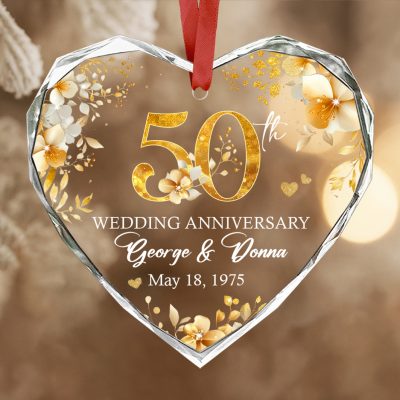 50th Wedding Anniversary Glass Ornament - Custom Golden Anniversary Gift with couple’s name and date, 50th golden wedding anniversary keepsake, elegant custom Christmas anniversary ornament, timeless celebration gift.
