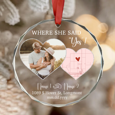 Custom Photo Heart Map Engagement Ornament - Engaged Gift for Couple