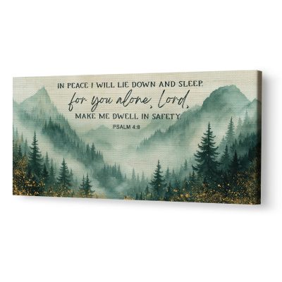 In Peace I Will Lie Down and Sleep - Faith Large Canvas, Misty Mountain Forest Watercolor Christian Wall Art, Bedroom Christian Home Decor