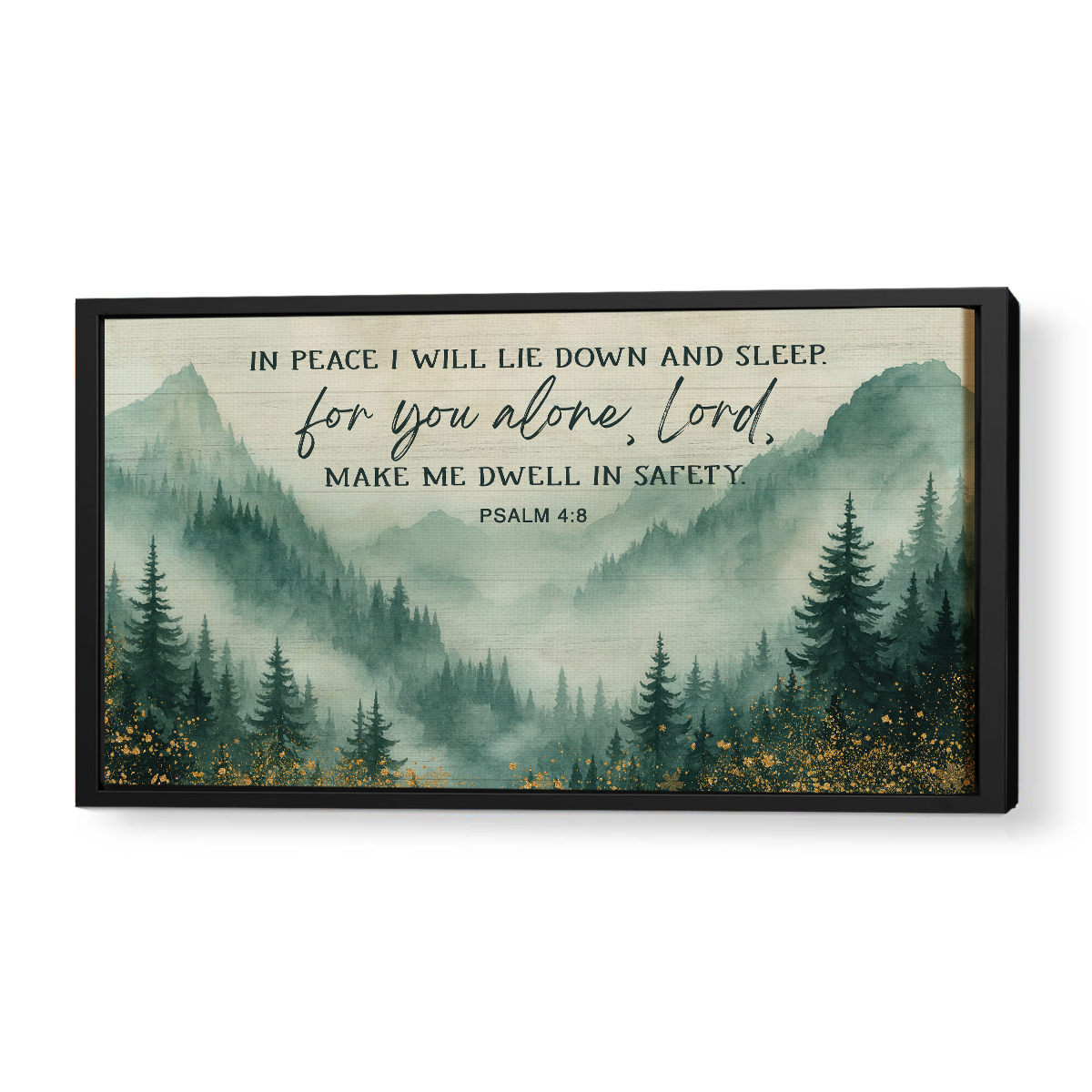 In Peace I Will Lie Down and Sleep - Faith Large Canvas, Misty Mountain Forest Watercolor Christian Wall Art, Bedroom Christian Home Decor