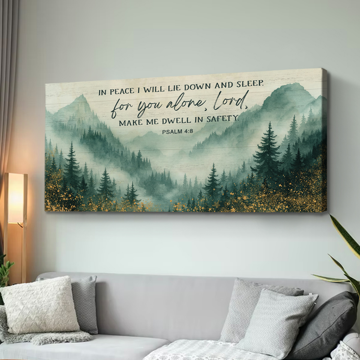 In Peace I Will Lie Down and Sleep - Faith Large Canvas, Misty Mountain Forest Watercolor Christian Wall Art, Bedroom Christian Home Decor