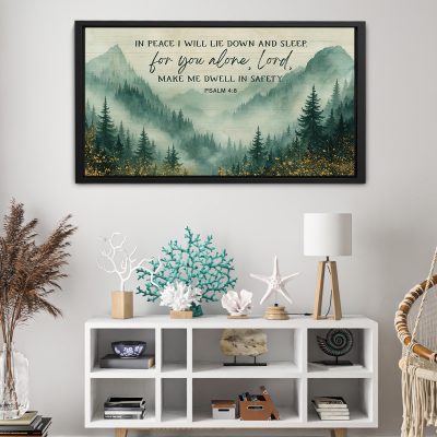 In Peace I Will Lie Down and Sleep - Faith Large Canvas, Misty Mountain Forest Watercolor Christian Wall Art, Bedroom Christian Home Decor