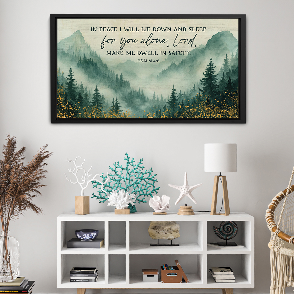 In Peace I Will Lie Down and Sleep - Faith Large Canvas, Misty Mountain Forest Watercolor Christian Wall Art, Bedroom Christian Home Decor