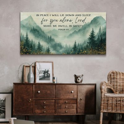 In Peace I Will Lie Down and Sleep - Faith Large Canvas, Misty Mountain Forest Watercolor Christian Wall Art, Bedroom Christian Home Decor